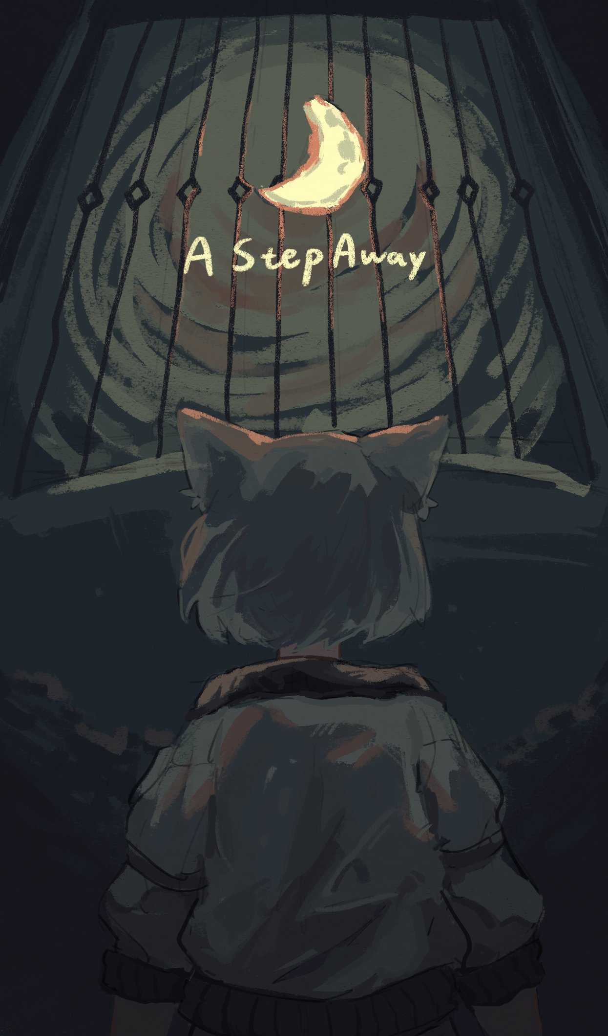 1girl, animal_ears, bars, cat_ears, chain, crescent_moon, from_behind, grey_hair, highres, jacket, mio_(xenoblade), moon, night, night_sky, sky, song_name, tutaiiiiii, window, xenoblade_chronicles_(series), xenoblade_chronicles_3
