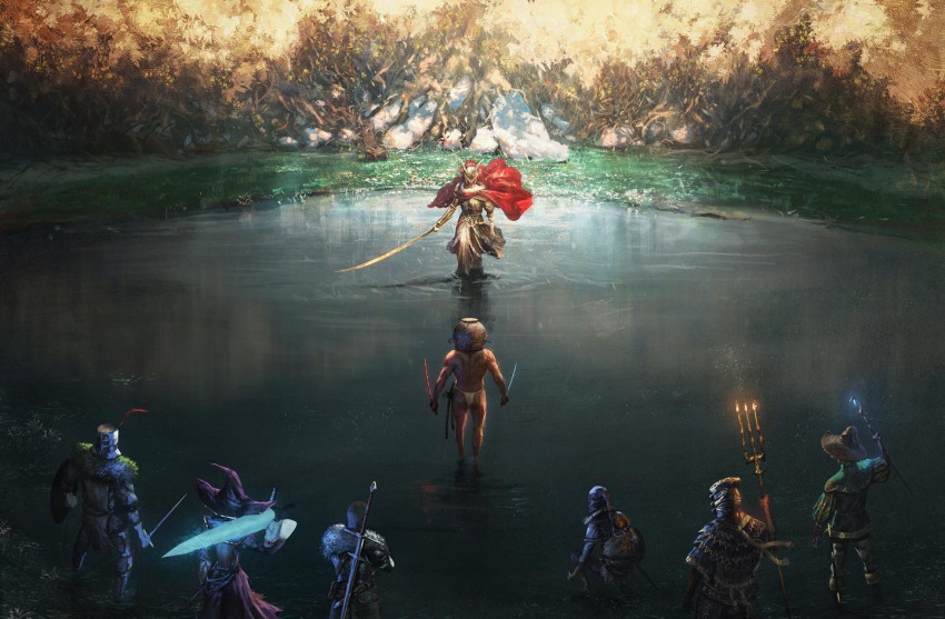 2girls, 6+boys, armor, blade, cape, character_request, covered_eyes, elden_ring