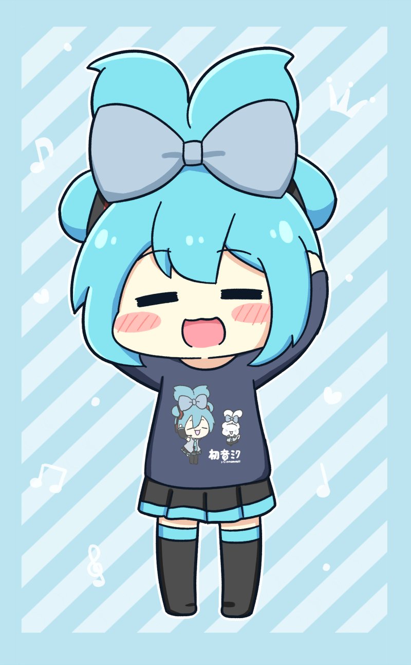 1girl, =_=, aqua_hair, arms_up, beamed_eighth_notes, black_skirt, black_thighhighs, blue_background