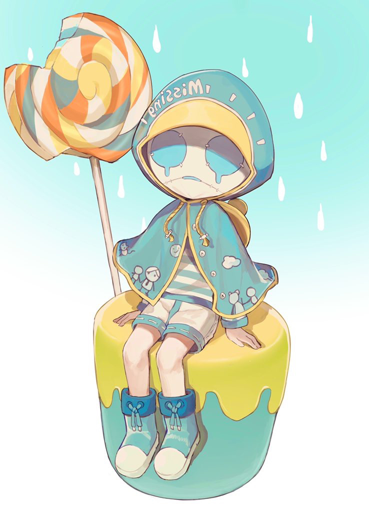 1boy, candy, capelet, drawstring, food, gradient, gradient_background, hoge_(n8sss)