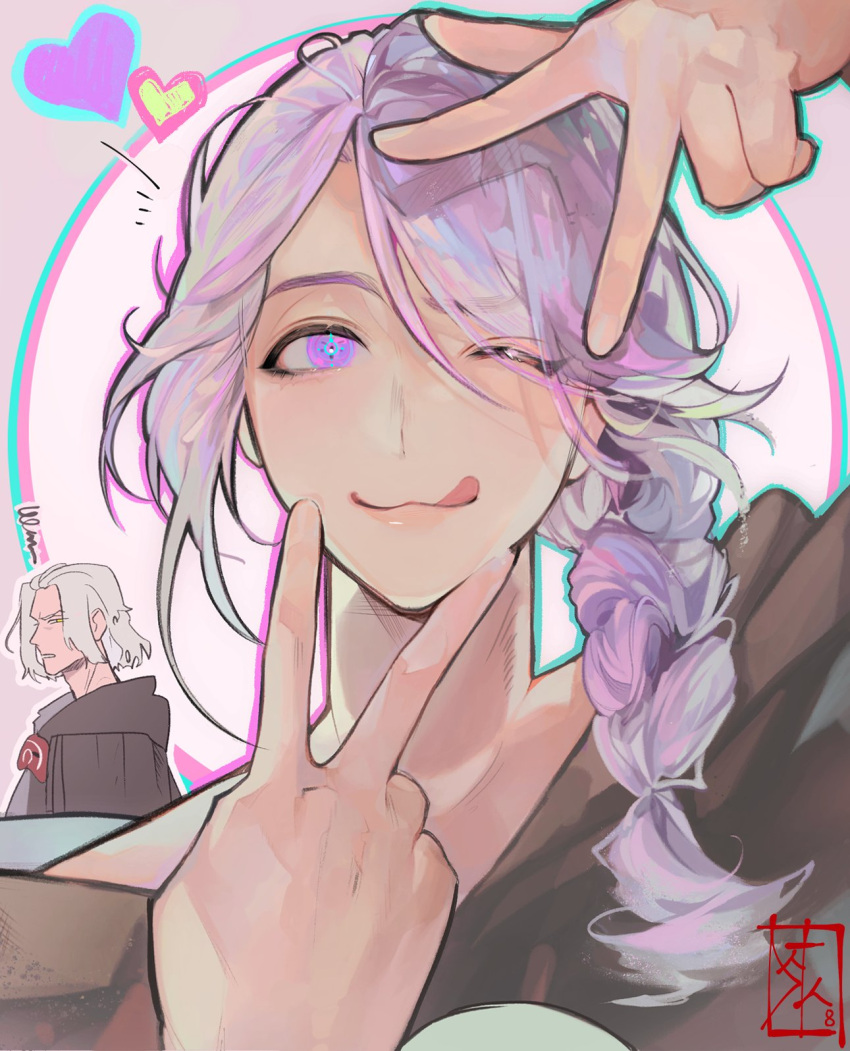 2boys, :3, :q, androgynous, arm_up, artist_name, bangs, bishounen