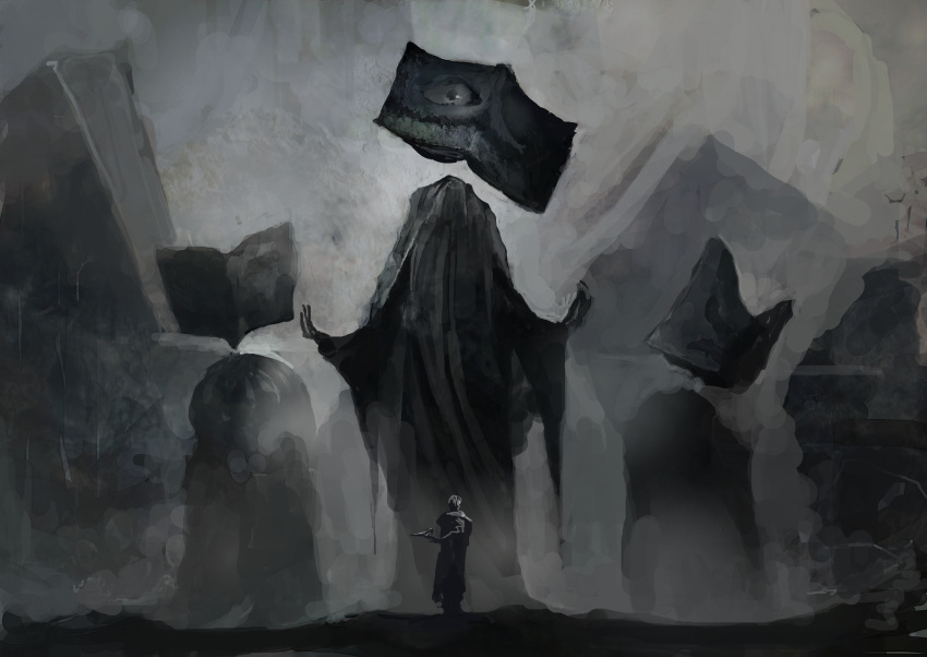 2others, absurdres, book, creature, fantasy, floating, highres, horror_(theme), monochrome, monster, multiple_others, nekoprogram, original, robe, scenery