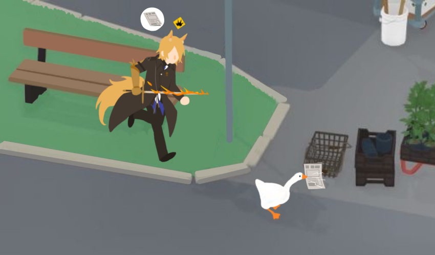 1boy, animal, arknights, bench, bird, chasing, goose, goose_(untitled_goose_game)