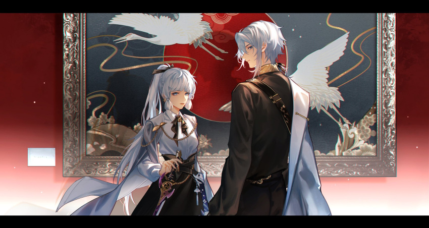 1boy, 1girl, 3-secs, alternate_costume, bangs, black_pants, black_ribbon, black_shirt