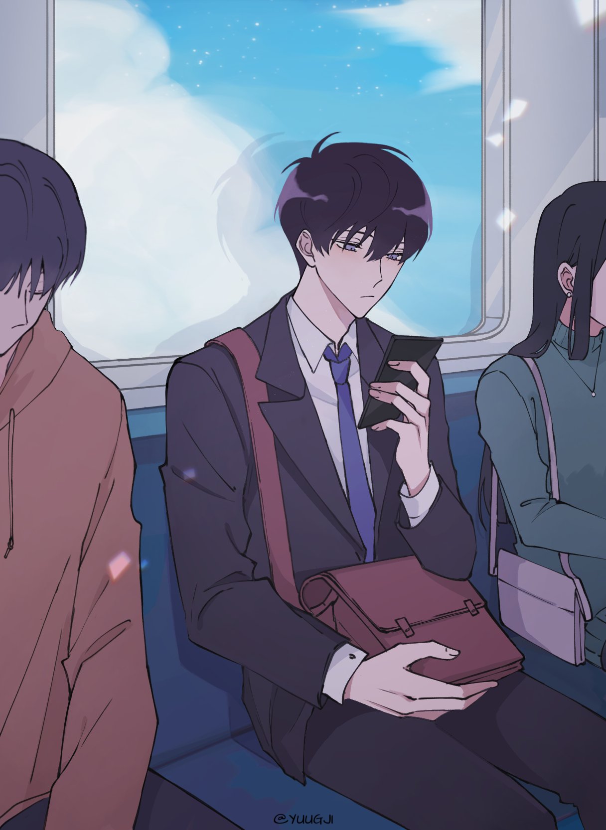 1boy, bag, black_hair, black_jacket, black_pants, black_suit, blue_necktie, brown_bag