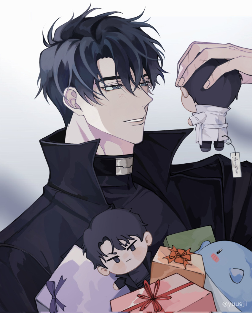 1boy, black_coat, black_hair, box, character_doll, coat, commentary, dok-ja_kim