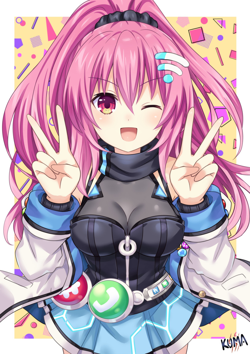 1girl, :d, artist_name, badge, bangs, belt, black_scrunchie, black_vest