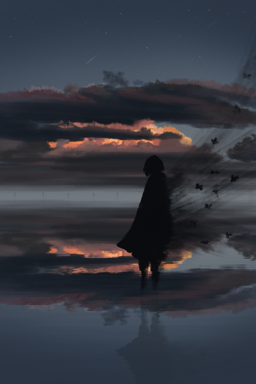 1girl, clouds, fading, highres, original, reflection, reflective_water, robe