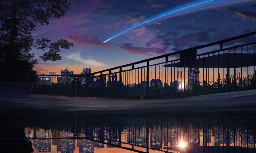 city, clouds, evening, fence, gradient_sky, highres, no_humans, orange_sky