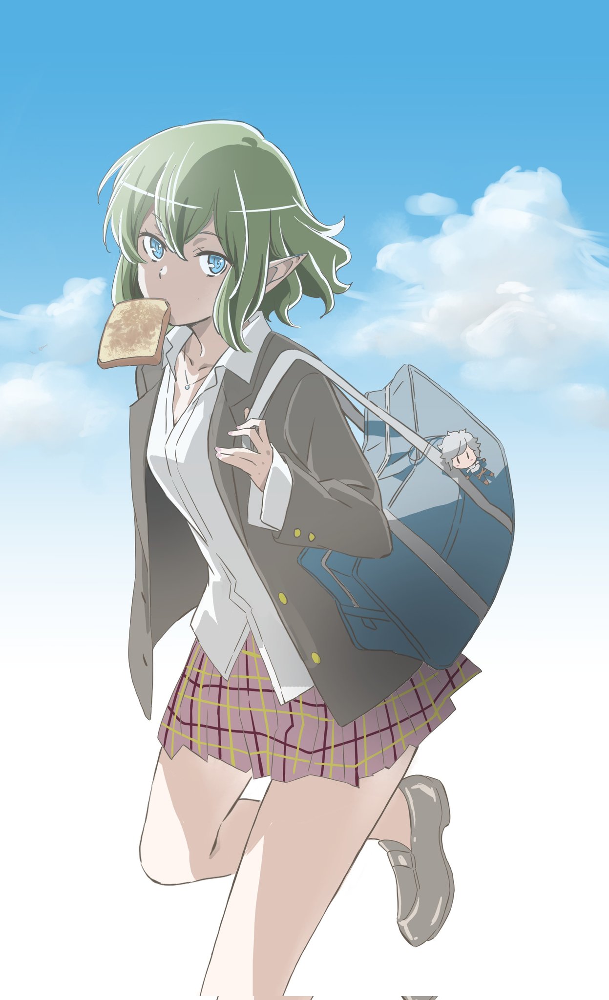 1girl, 7msaaxt6qto3joj, bag, bare_legs, bell_cranel, blue_eyes, brown_footwear, clouds