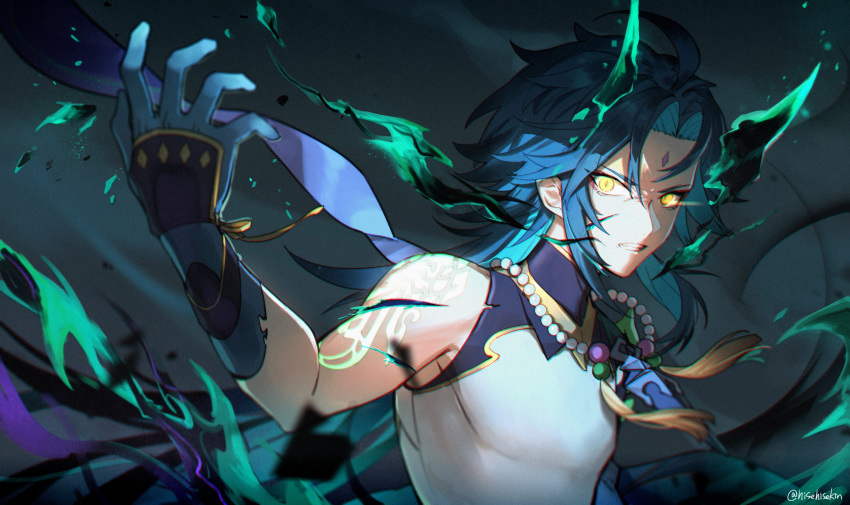 1boy, absurdres, asymmetrical_clothes, aura, bead_necklace, beads, clenched_teeth, diamond-shaped_pupils