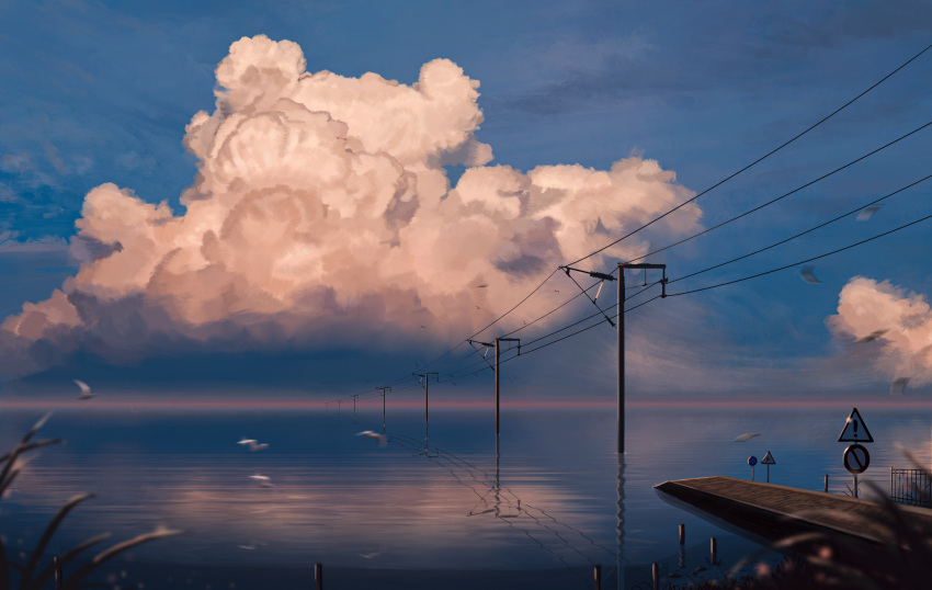 absurdres, bird, clouds, cloudy_sky, cumulonimbus_cloud, evening, highres, horizon, no_humans, original, outdoors, power_lines, road_sign, scenery, sign, sky, utility_pole, water, yu_jing
