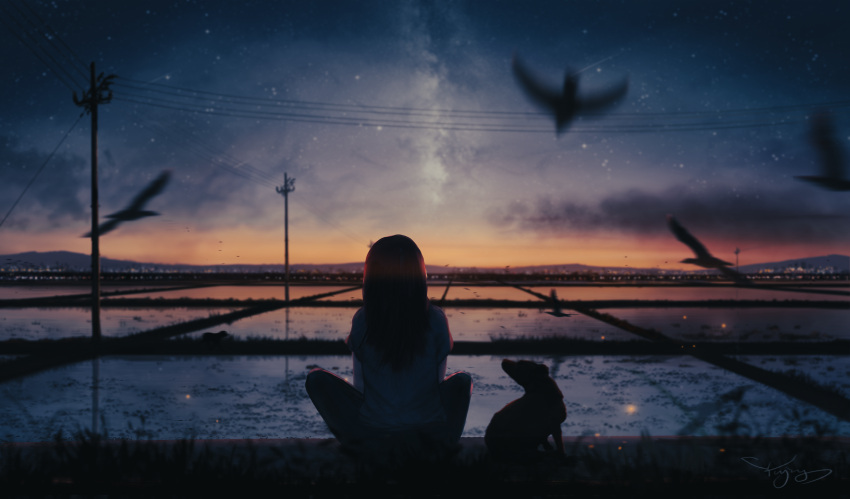 1girl, absurdres, animal, bird, blue_sky, city, clouds, dog