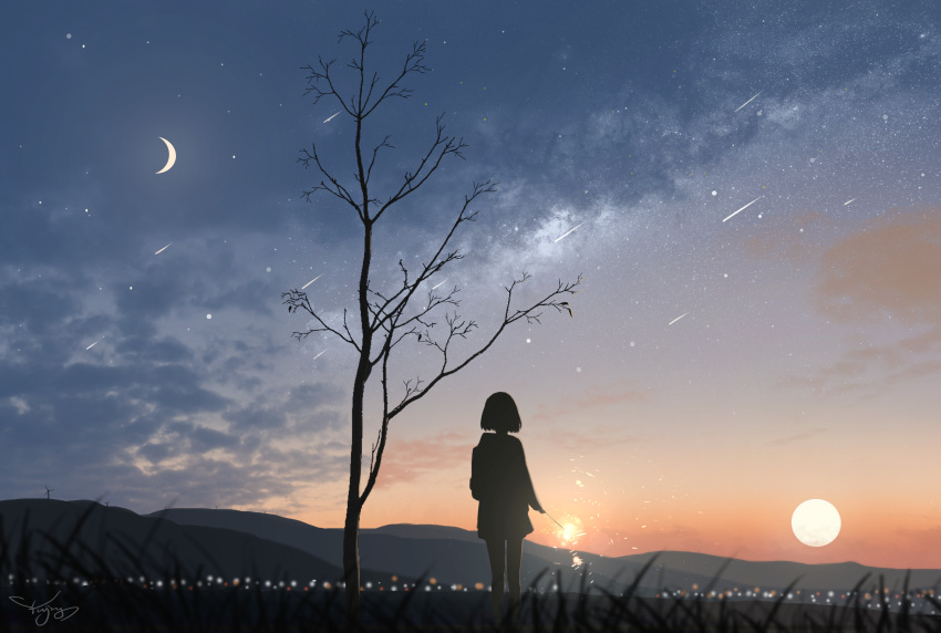 1girl, absurdres, bare_tree, blue_sky, clouds, crescent_moon, evening, fireworks