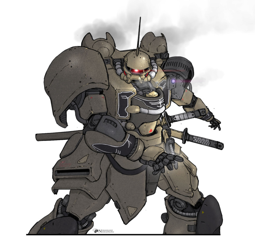 commentary, english_commentary, fighting_stance, gundam, highres, insignia, katana, looking_at_viewer