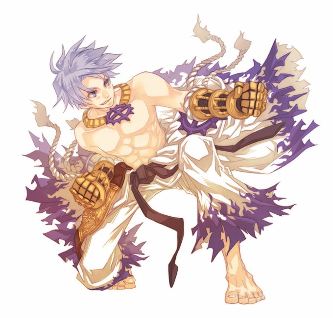 1boy, abs, bangs, barefoot, belt, black_belt, black_gloves, clothes_around_waist