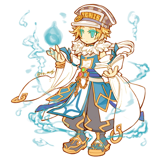 1boy, bangs, blonde_hair, blue_coat, blue_eyes, blue_fire, book, brown_headwear, closed_mouth, coat, colored_eyelashes, commentary_request, detached_sleeves, expressionless, fire, full_body, fur_collar, grey_pants, holding, holding_book, ignis_cap, looking_afar, male_focus, official_alternate_costume, pants, pelvic_curtain, ragnarok_online, ro_mugi, short_hair, simple_background, sleeveless_coat, solo, sorcerer_(ragnarok_online), standing, twitter_username, white_background, white_sleeves, wide_sleeves