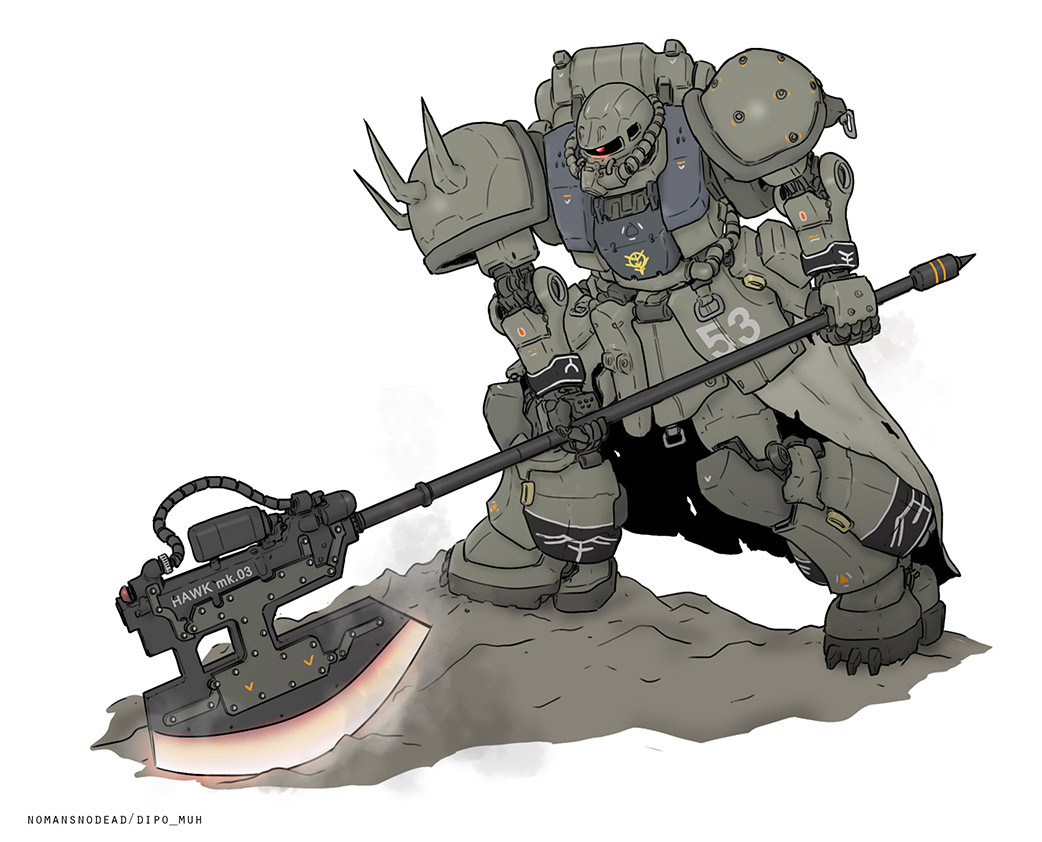 axe, commentary, english_commentary, english_text, gundam, heat_hawk, insignia, machinery