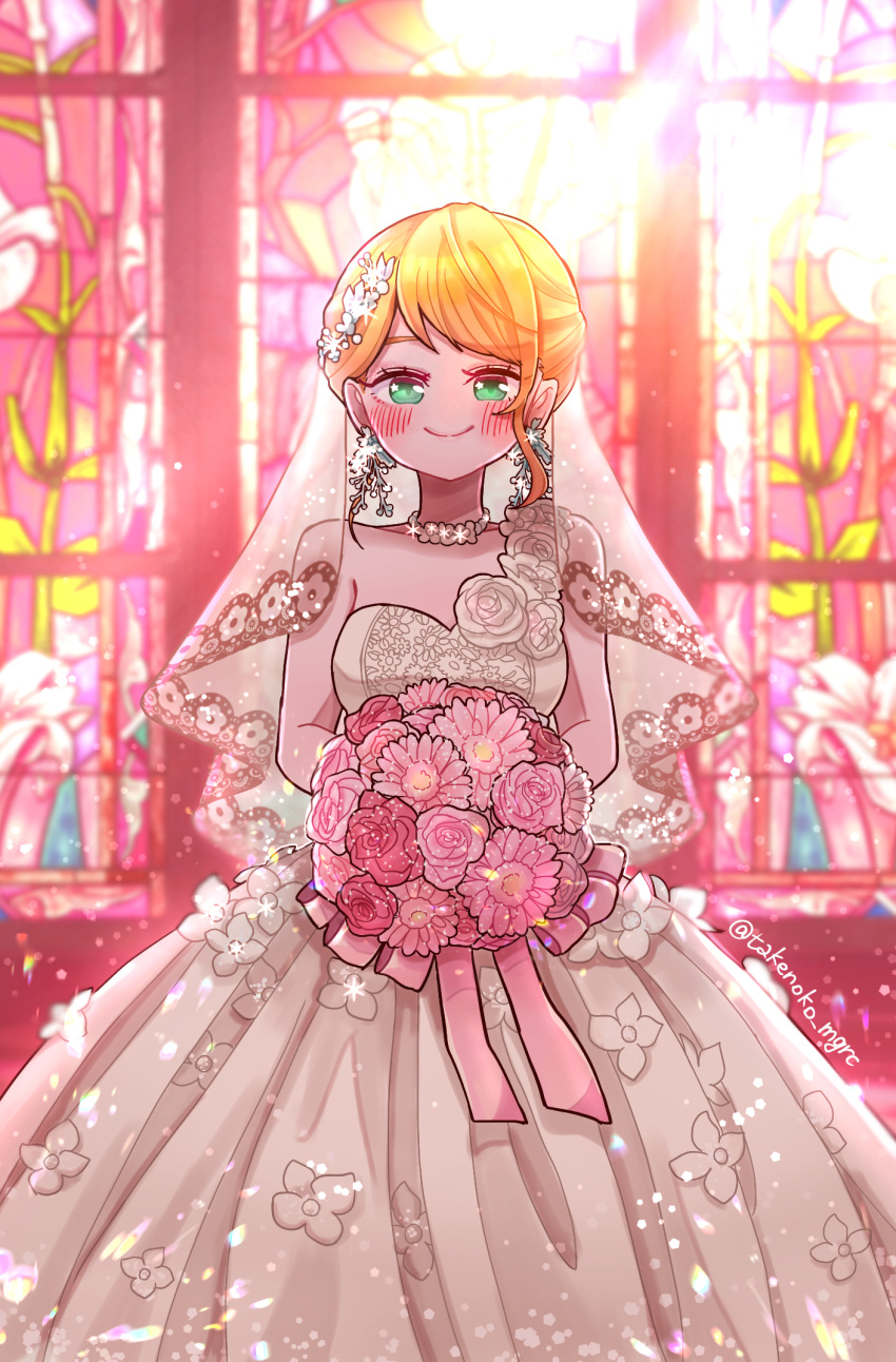 1girl, alternate_costume, alternate_hairstyle, backlighting, blurry, blurry_background, blush, bouquet, bride, choker, dress, earrings, floral_print, flower, green_eyes, hair_flower, hair_ornament, hair_up, haruna_konomi, highres, holding, holding_bouquet, jewelry, long_dress, looking_at_viewer, magia_record:_mahou_shoujo_madoka_magica_gaiden, mahou_shoujo_madoka_magica, no_nose, orange_hair, pink_background, pink_flower, print_dress, single_strap, smile, solo, sparkle, stained_glass, takenoko_mgrc, twitter_username, veil, wedding_dress, white_choker, white_dress, white_flower