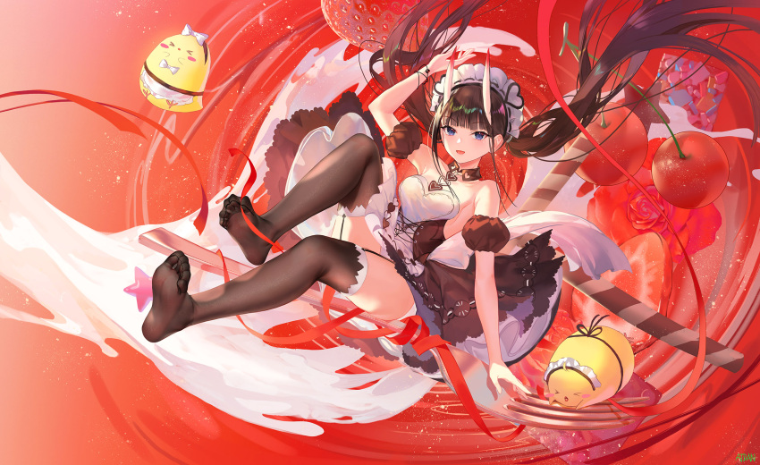 1girl, apron, atdan, azur_lane, bangs, bare_shoulders, black_dress, black_thighhighs, blue_eyes, blunt_bangs, breasts, brown_hair, cherry, closed_mouth, detached_collar, detached_sleeves, dress, feet, floating_hair, food, fruit, full_body, highres, horns, long_hair, looking_at_viewer, maid_headdress, manjuu_(azur_lane), medium_breasts, noshiro_(azur_lane), noshiro_(hold_the_ice)_(azur_lane), official_alternate_costume, oni_horns, puffy_short_sleeves, puffy_sleeves, red_ribbon, revision, ribbon, short_sleeves, sidelocks, smile, soles, solo, strawberry, thigh-highs, toes, twintails, very_long_hair, white_apron