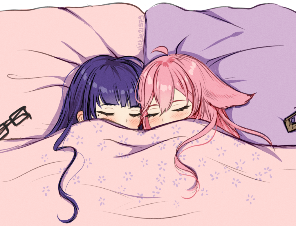 2girls, ahoge, animal_ears, artist_name, bangs, black-framed_eyewear, blunt_bangs, blush