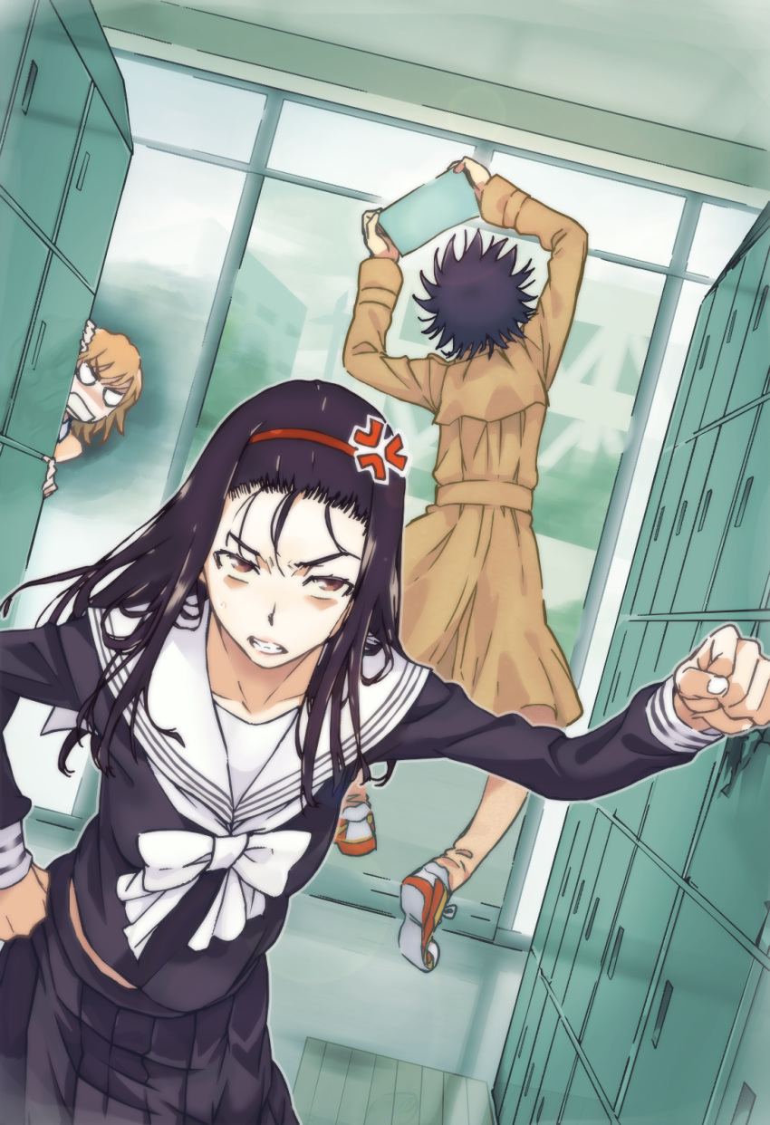 1boy, 2girls, anger_vein, angry, arms_up, black_hair, black_skirt, bow
