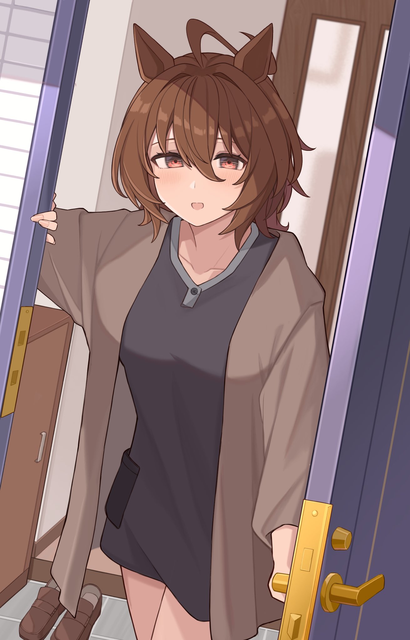1girl, agnes_tachyon_(umamusume), ahoge, animal_ears, blush, breasts, brown_hair, door