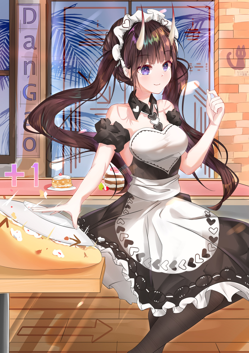 1girl, absurdres, apron, artist_request, azur_lane, bare_shoulders, cake, cake_slice