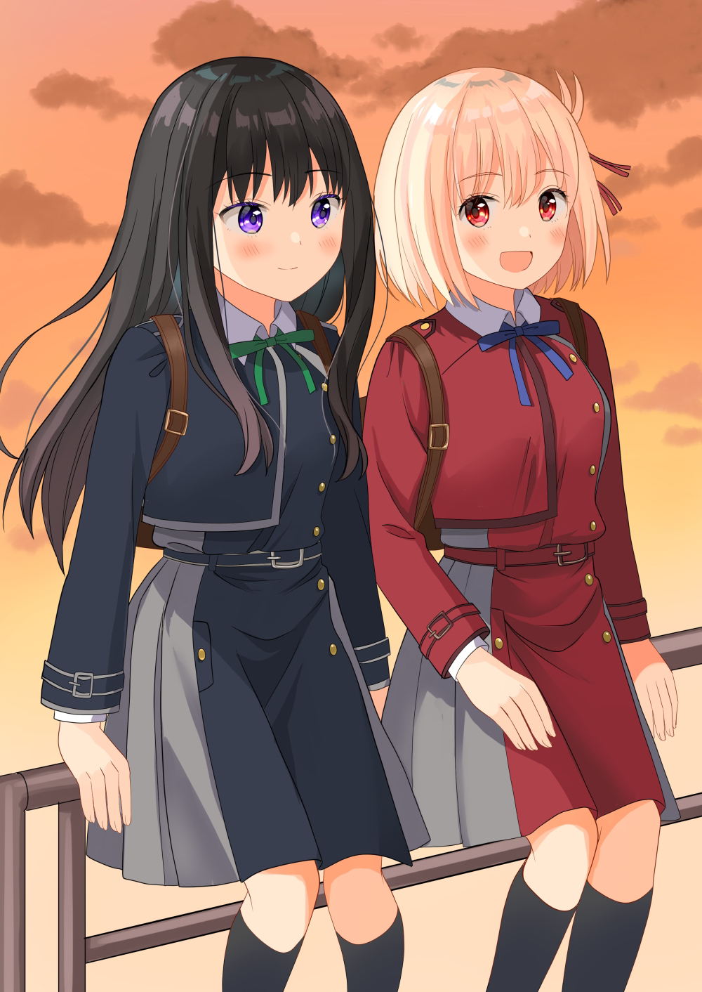 2girls, :d, bangs, belt, black_hair, black_socks, blonde_hair, blue_dress