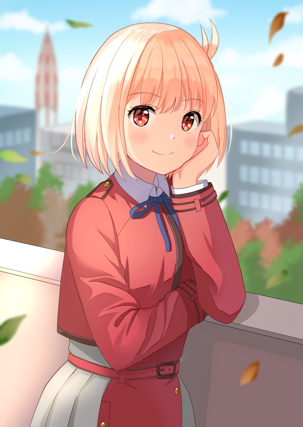 1girl, belt, birthday, blonde_hair, blue_ribbon, bob_cut, collared_shirt, dress, grey_dress, hair_ribbon, highres, lycoris_recoil, lycoris_uniform, neck_ribbon, nishikigi_chisato, pechi_(peeechika), pleated_dress, red_belt, red_dress, red_eyes, red_ribbon, ribbon, shirt, short_hair, solo, two-tone_dress, upper_body, white_shirt