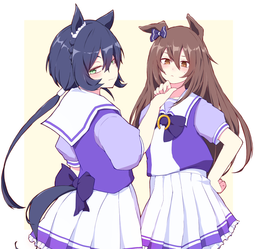 2girls, animal_ears, black_hair, bow, bowtie, braid, brown_eyes, brown_hair