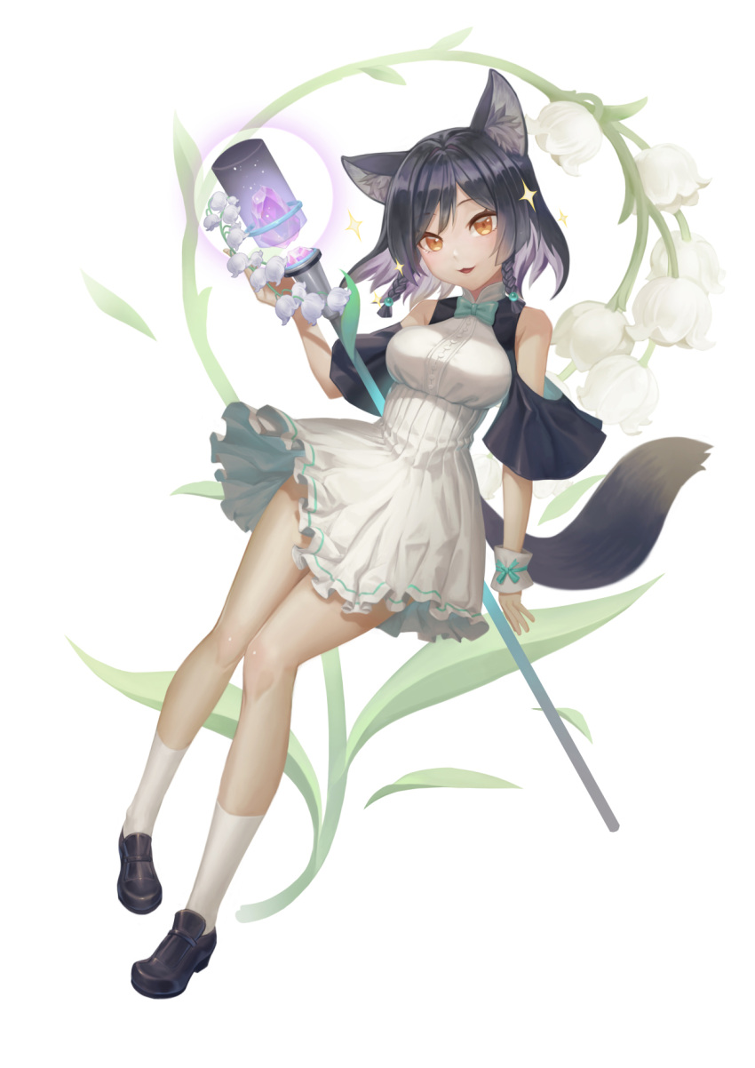 1girl, :3, animal_ear_fluff, animal_ears, bare_shoulders, black_footwear, black_hair, blue_bow