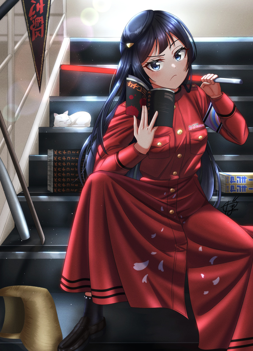 1girl, absurdres, armband, bangs, black_hair, bokken, bright09, cat