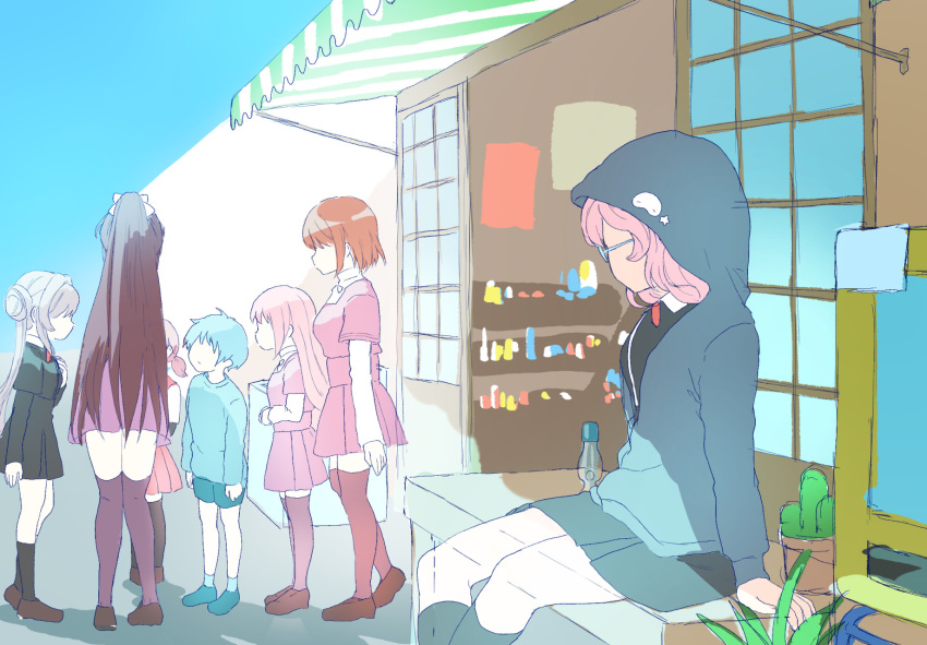 1boy, 6+girls, amane_tsukuyo, arms_at_sides, bangs, black_dress, black_jacket, black_socks, brown_footwear, brown_hair, cactus, collared_dress, cropped_jacket, cross_tie, daitou_academy_school_uniform, double_bun, dress, faceless, faceless_female, faceless_male, facing_another, grey_hair, grey_hoodie, hair_bun, hand_on_own_chest, highres, hood, hood_up, hoodie, jacket, kanechitomoyo, kazari_jun, kneehighs, kurumi_manaka, layered_sleeves, loafers, long_hair, long_sleeves, magia_record:_mahou_shoujo_madoka_magica_gaiden, mahou_shoujo_madoka_magica, miniskirt, mizuna_girls'_academy_school_uniform, multiple_girls, orange_hair, partially_unzipped, pink_hair, plant, ponytail, potted_plant, purple_shirt, purple_skirt, purple_thighhighs, ramune, school_uniform, shirt, shoes, shop, short_dress, short_hair, short_over_long_sleeves, short_sleeves, shorts, sidelocks, sitting, skirt, socks, star_(symbol), straight_hair, swept_bangs, thigh-highs, translucent, twintails, wavy_hair, yakumo_mikage