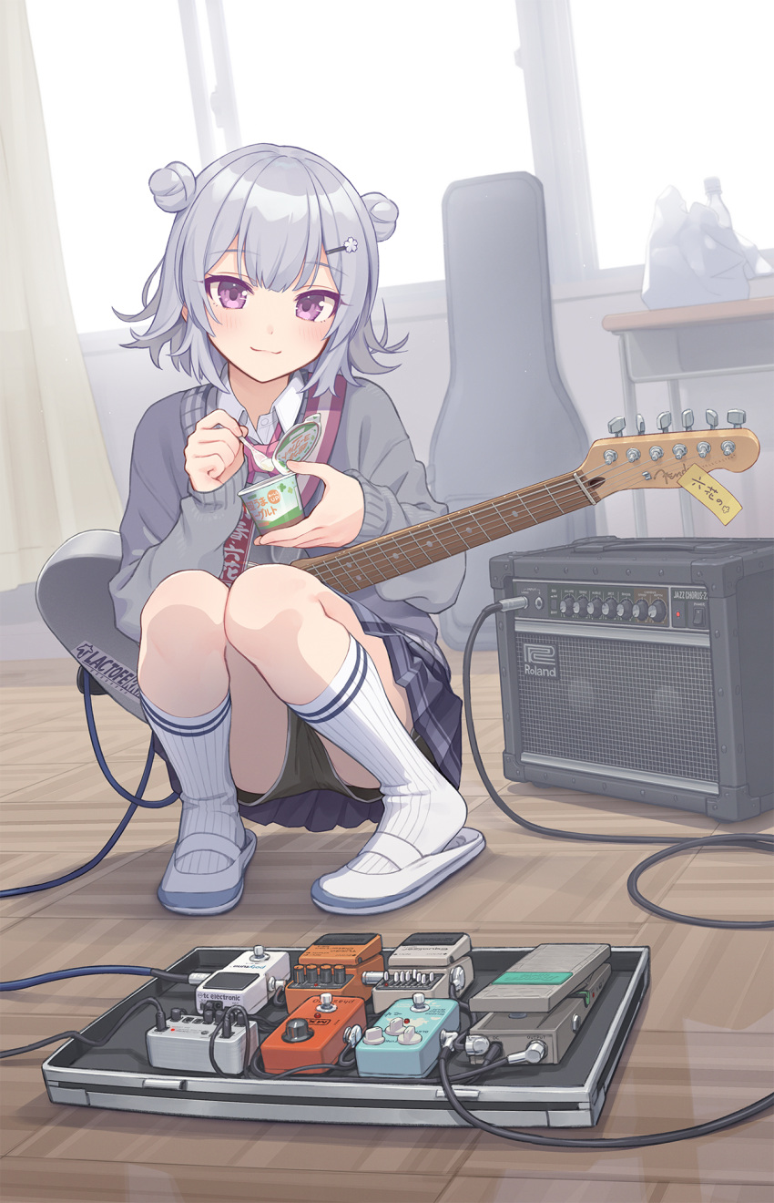 1girl, closed_mouth, collared_shirt, double_bun, effects_pedal, electric_guitar, grey_hair, guitar