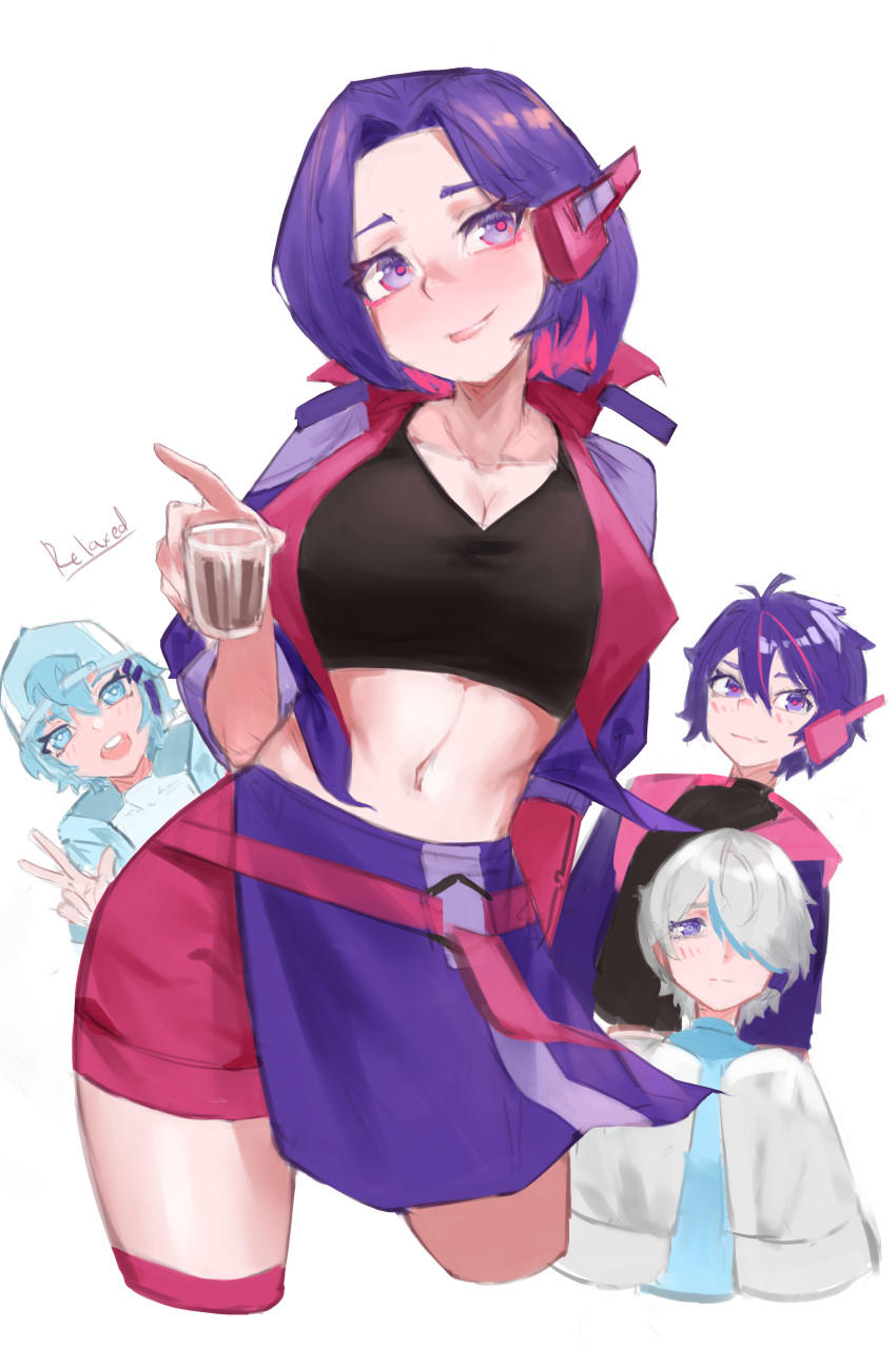 2boys, 2girls, absurdres, backwards_hat, blush, co-dee_(tvs), cup, drinking_glass, falseeyed, gloves, hai-dee_(tvs), hair_over_one_eye, hat, headgear, highres, indie_virtual_youtuber, jacket, lae-dee, looking_at_viewer, medium_hair, midriff, miniskirt, multicolored_hair, multiple_boys, multiple_girls, purple_hair, relaxed_entity, simple_background, skirt, smile, sports_bra, things_vtubers_say, two-tone_hair, violet_eyes, virtual_youtuber, white_background, white_hair, white_jacket