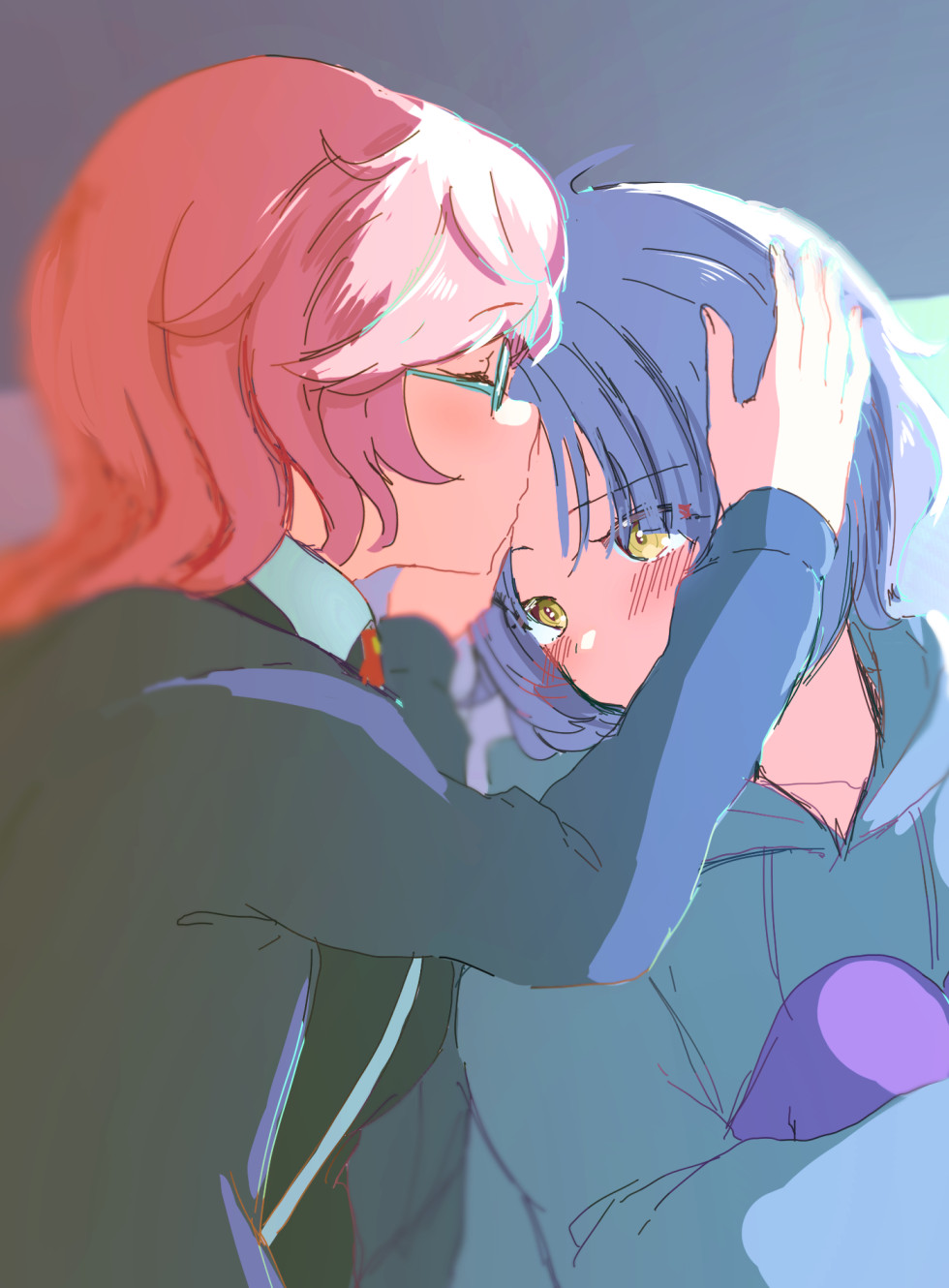 2girls, bangs, black_shirt, blurry, blush, closed_eyes, collared_shirt, daitou_academy_school_uniform