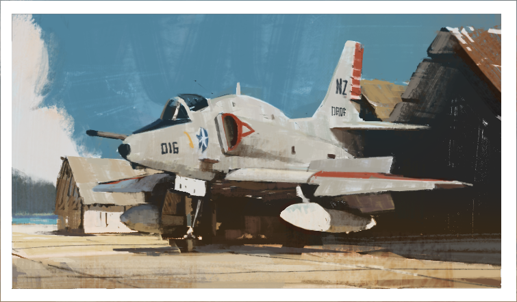 a-4_skyhawk, aircraft, blue_sky, border, building, commentary, english_commentary, mikado_(winters)