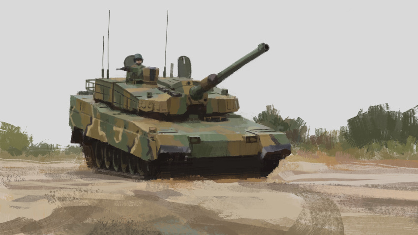 1boy, commentary, english_commentary, ground_vehicle, hat, highres, k2_black_panther, mikado_(winters), military, military_hat, military_uniform, military_vehicle, motor_vehicle, original, outdoors, radio_antenna, tank, uniform