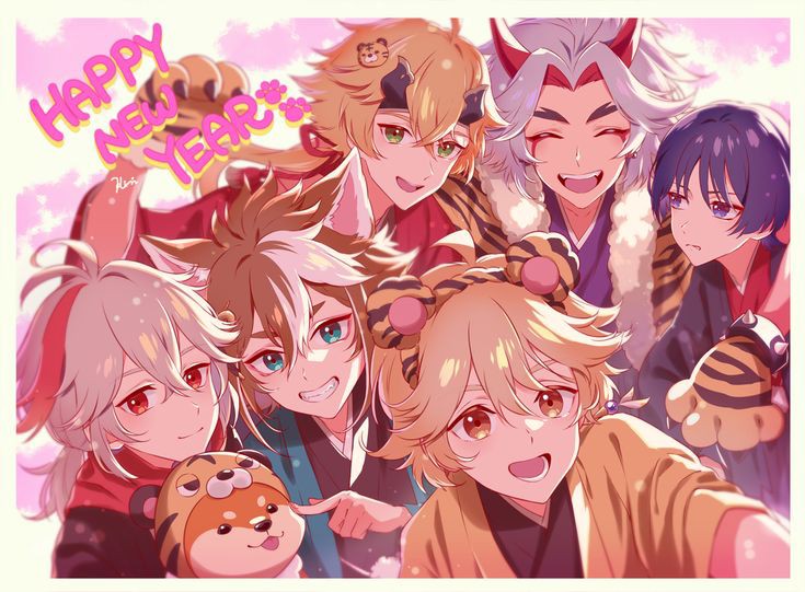 1other, 2022, 6+boys, ^_^, aether_(genshin_impact), ahoge, animal_ears, animal_hands