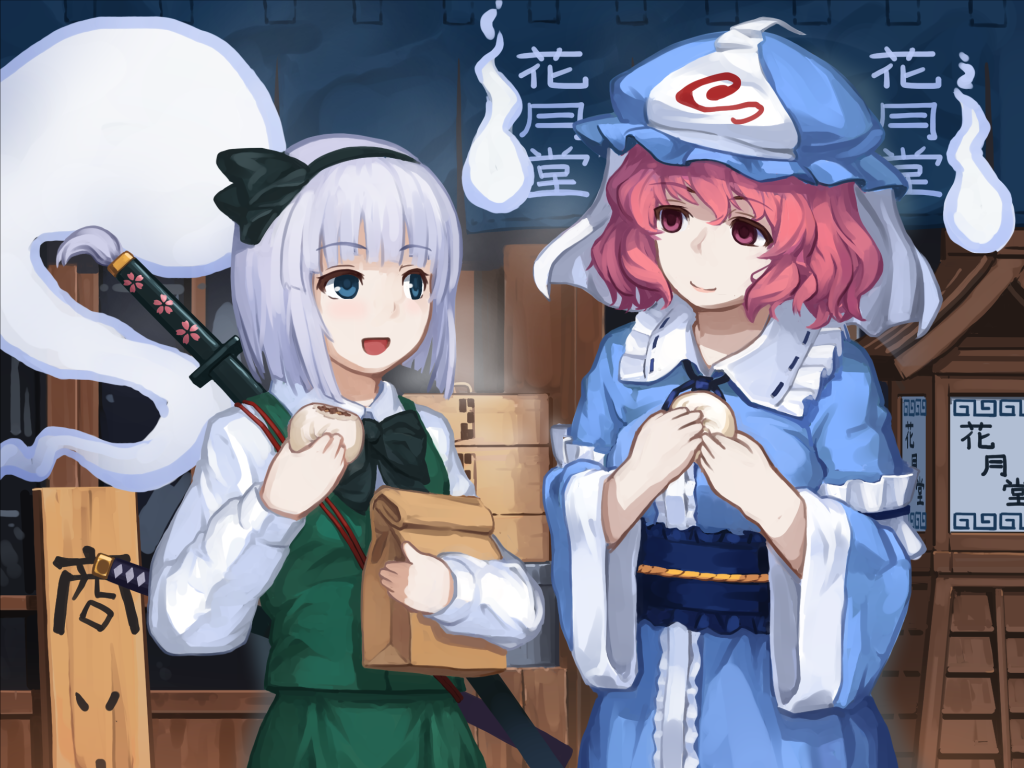 2girls, bag, bangs, black_bow, black_bowtie, black_hairband, blue_eyes, blue_headwear