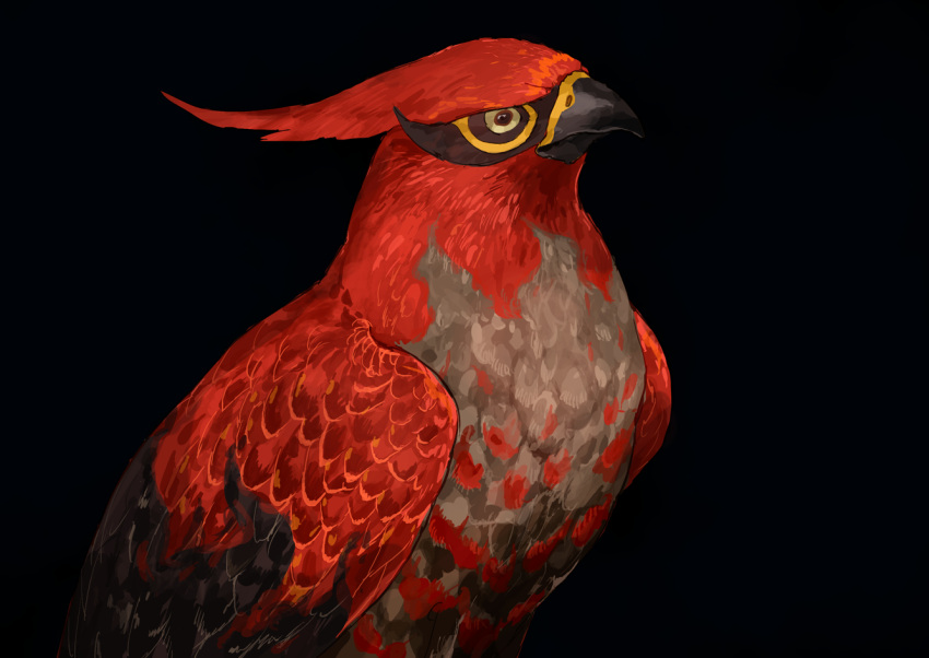 animal_focus, bird, black_background, brown_sclera, closed_mouth, colored_sclera, commentary_request, from_side