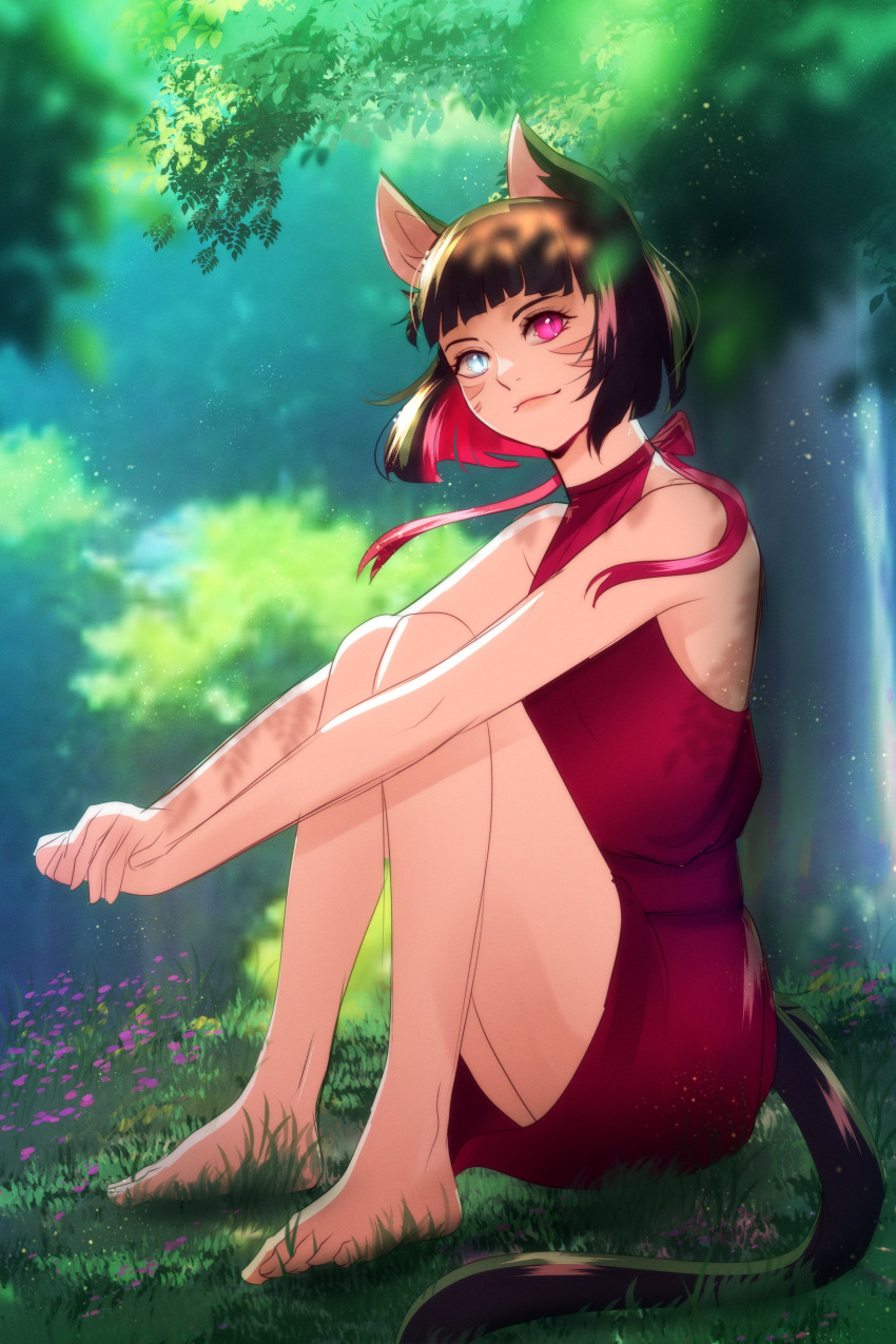 1girl, absurdres, animal_ears, avatar_(ff14), bare_shoulders, barefoot, black_hair, blue_eyes, cat_ears, cat_tail, colored_inner_hair, day, dress, english_commentary, final_fantasy, final_fantasy_xiv, forest, halter_dress, halterneck, heterochromia, highres, looking_at_viewer, miqo'te, multicolored_hair, nature, outdoors, pixie_(pixieinktvis), red_dress, red_eyes, redhead, short_hair, sitting, slit_pupils, solo, tail, wind