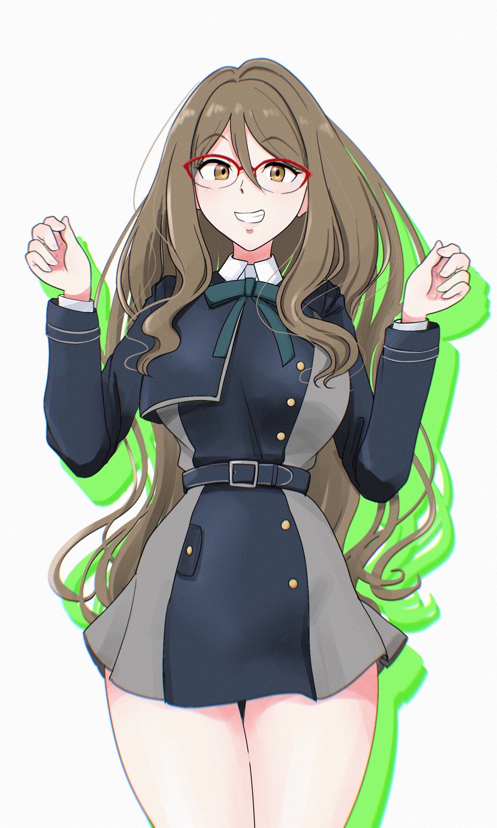 1girl, alternate_costume, blue_dress, breasts, brown_eyes, brown_hair, dress, glasses