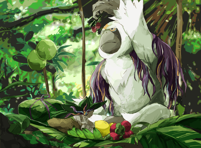 closed_mouth, commentary_request, day, food, frown, fruit, holding, looking_up