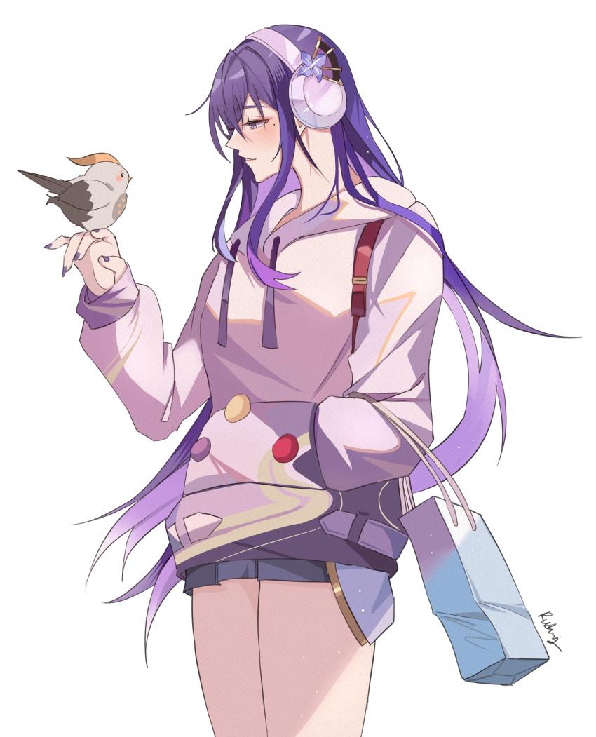 1girl, absurdres, artist_name, bag, bangs, bird, bird_on_hand, blush
