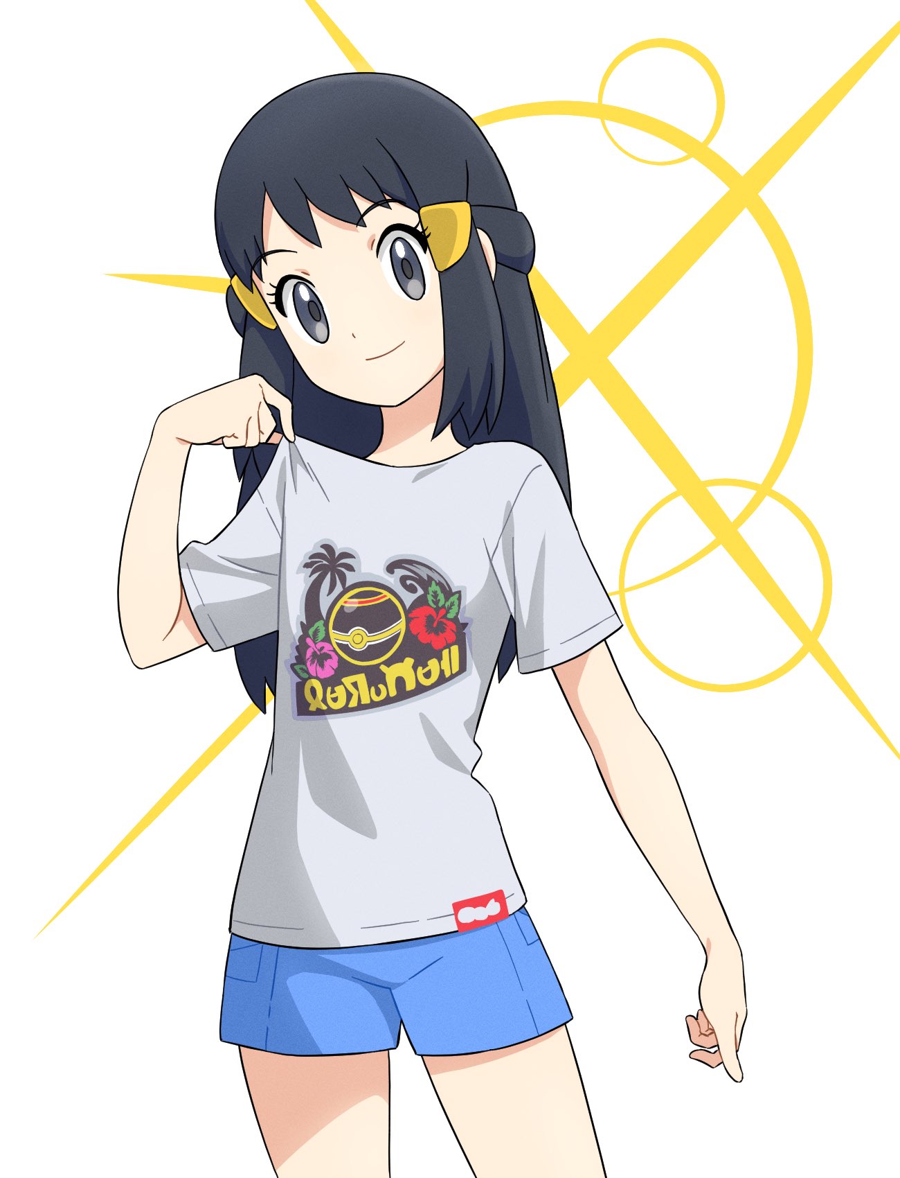 1girl, akari_(pokemon), bangs, black_hair, blue_shorts, closed_mouth, commentary_request, eyelashes, grey_eyes, hair_ornament, hairclip, hand_up, highres, ia_(ilwmael9), long_hair, looking_at_viewer, pokemon, pokemon_(game), pokemon_legends:_arceus, print_shirt, shirt, shirt_tug, short_shorts, short_sleeves, shorts, sidelocks, smile, solo, t-shirt, white_background