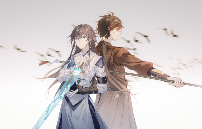1boy, 1girl, back-to-back, bangs, black_hair, blue_eyes, blurry, blurry_background