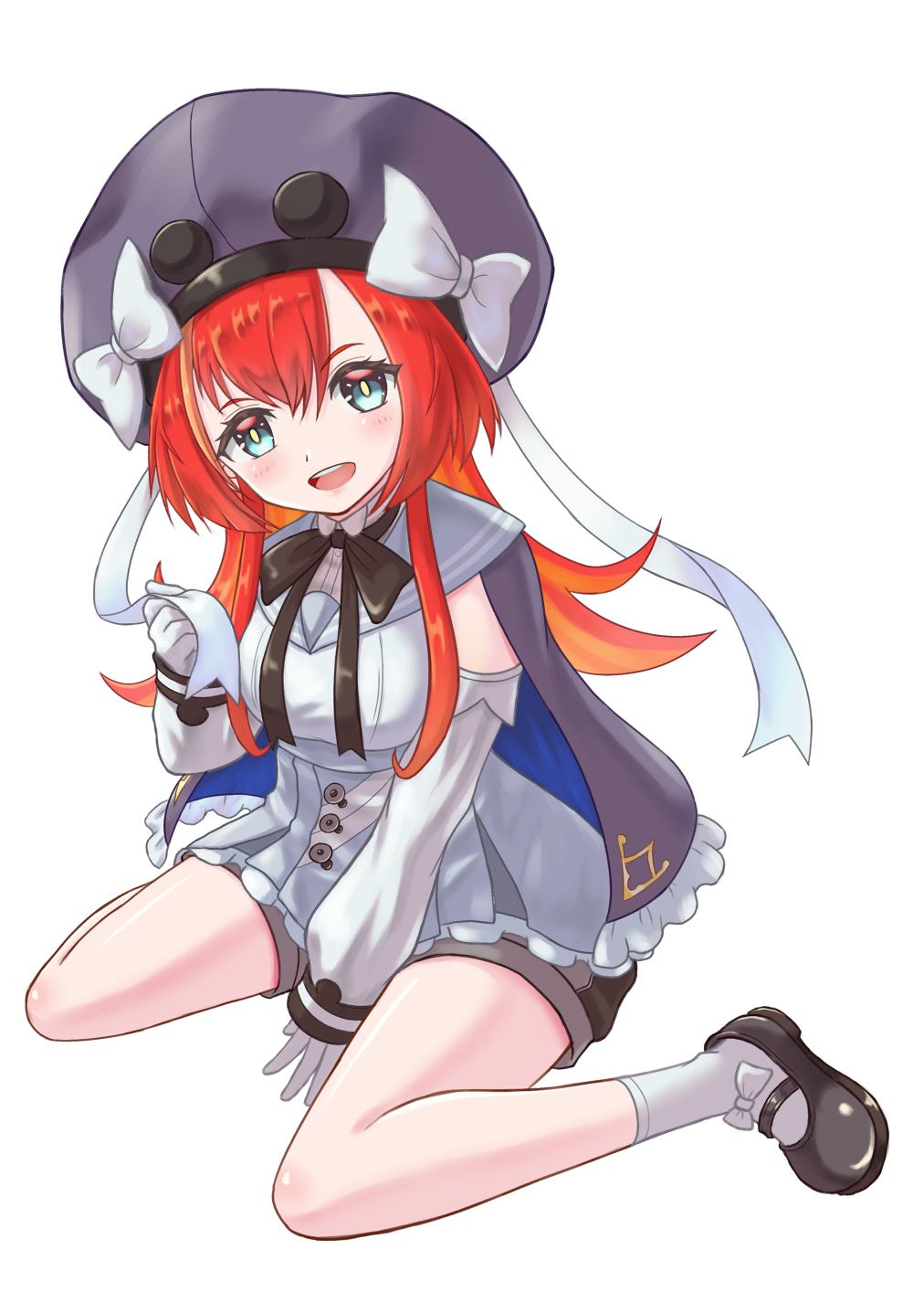 1girl, :d, black_bow, black_footwear, blue_eyes, bow, capelet, detached_sleeves, gloves, grey_capelet, grey_headwear, hat, hat_bow, highres, marna_popri, mary_janes, ossannoa, redhead, ribbon, shirt, shoes, shorts, simple_background, sitting, smile, socks, solo, white_background, white_bow, white_gloves, white_ribbon, white_shirt, white_socks, world_connect
