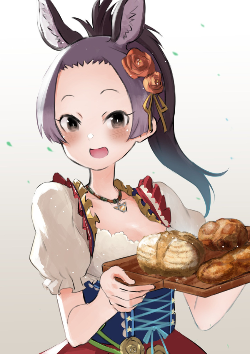 alternate_costume, bangs, blue_corset, blue_dress, blush, bread, brown_eyes, corset
